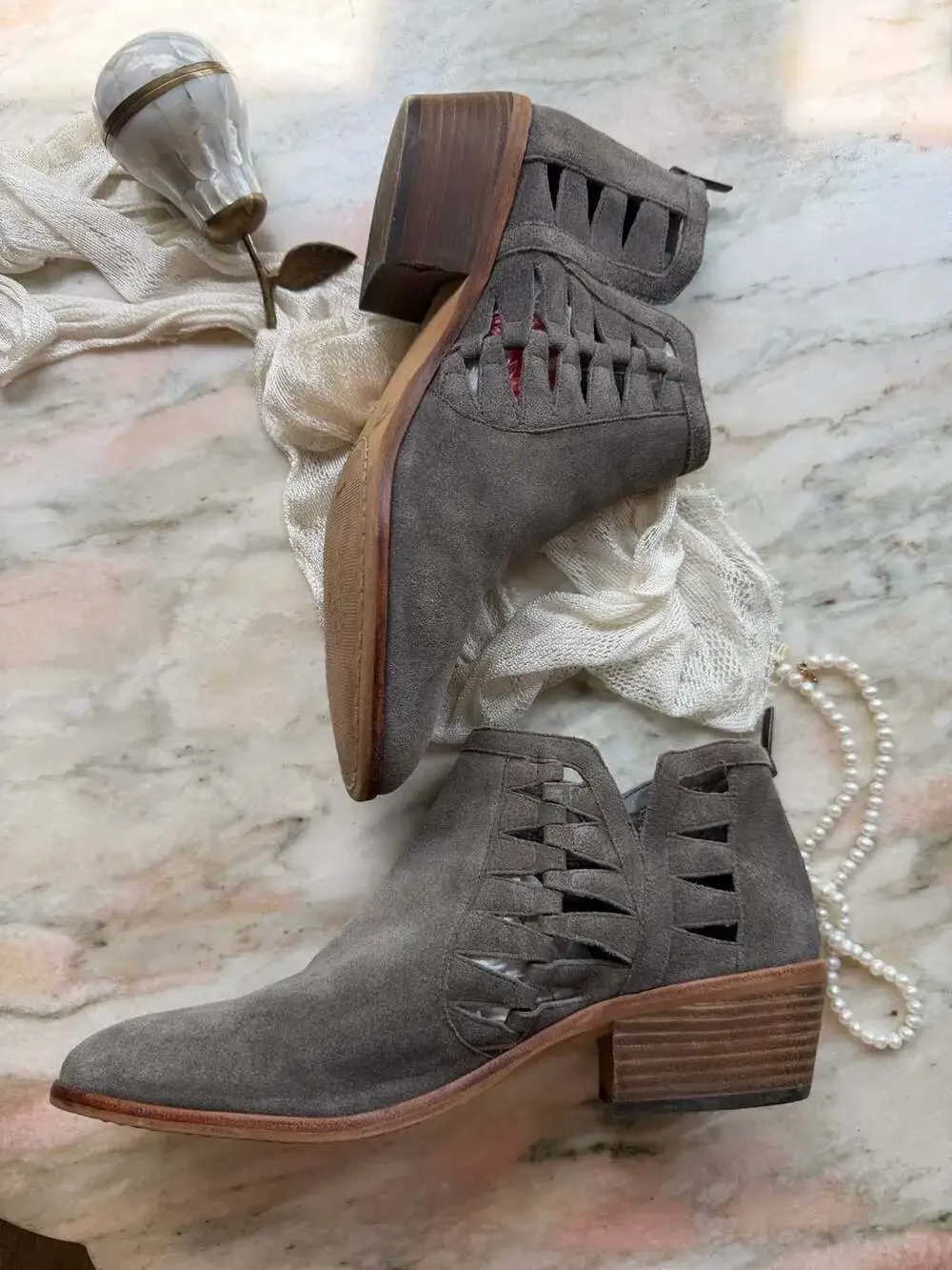Vince Camuto Peera Graystone Suede Cutout Ankle Booties - Picture 2 of 7